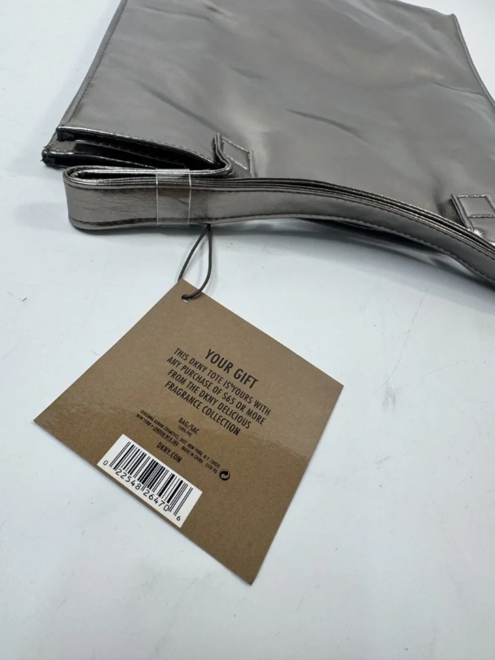 DKNY Metallic Silver Tote Bag With Snap Closure & Interior Pocket New